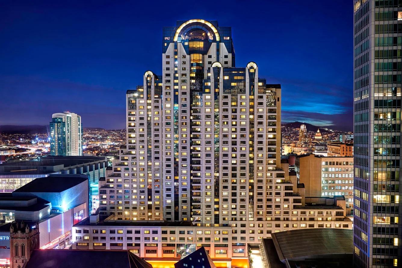 San Francisco Marriott Marquis at dusk, beside Moscone Center